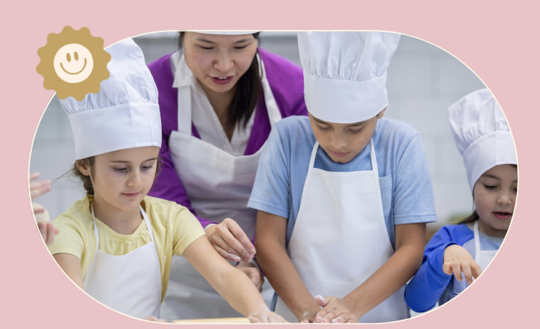 Image of three young children baking with a chef